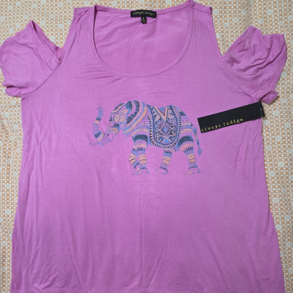 NWT ALWAYS INDIGO pink cold shoulder top SZ 1X with front elephant print